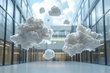 Poster - Fluffy white clouds float in a modern glass building atrium.