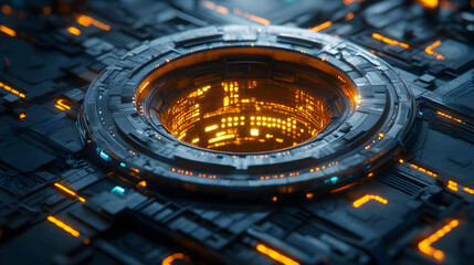 Poster - Futuristic circular technological device with glowing orange core.