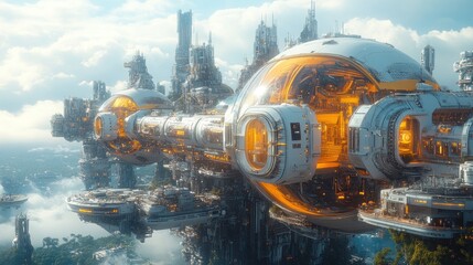 Canvas Print - Futuristic cityscape; colossal spaceship, city-like structure.