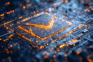 Poster - Illuminated email symbol on circuit board.