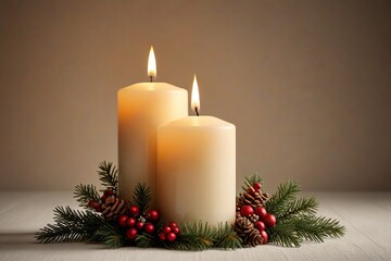 Wall Mural - candles with pine cones and berries on a table
