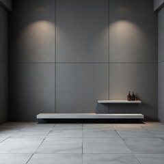 minimalist interior, dark gray walls, floating bench, concrete floor, dramatic lighting, modern design, empty space, sleek surfaces, geometric shapes, architectural simplicity, muted tones, zen atmosp