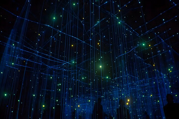 Poster - Illuminated network structure with people below.