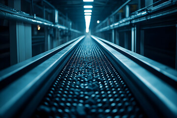 Poster - Industrial conveyor belt carrying dark material in a factory.