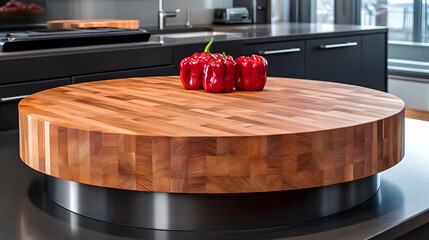 Large round wooden kitchen butcher block island with red bell peppers.