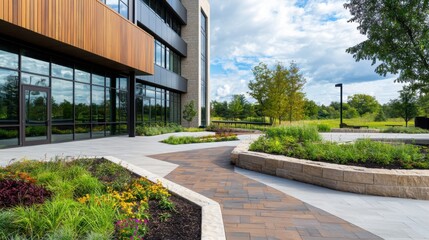 Poster - Modern office building exterior with natural elements in green space architectural photography daylight serenity