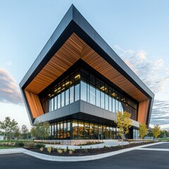 Poster - Dynamic office building facade with wood accents modern architecture outdoor setting captivating visual appeal