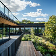 Poster - Rooftop garden office building design urban landscape outdoor serenity modern architecture natural elements