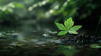 Poster - Solitary Green Leaf Floating on the Calm Still Surface of a Dark Pond Symbolizing Themes of Renewal Transformation and Individuality Amid the Natural Environment