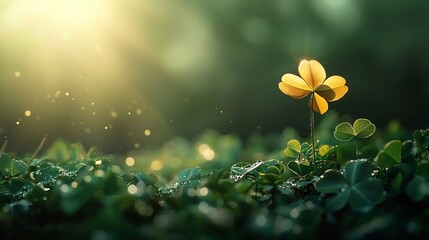 Poster - Glowing golden four leaf clover standing out against a vast field of regular three leaf clovers symbolizing the rare and auspicious luck and prosperity
