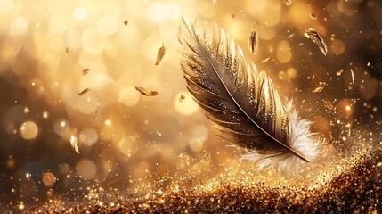 Poster - A golden feather floating gracefully in midair surrounded by soft luminous beams of light that create an ethereal serene atmosphere symbolizing luck blessings and the divine