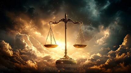 Poster - A dramatic and conceptual image depicting a beam of golden light breaking through stormy clouds to powerfully illuminate a balanced scale
