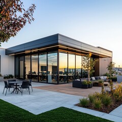 Poster - Modern outdoor office space with minimalist design patio area and greenery in a small building