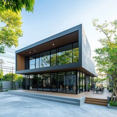 Poster - Modern minimalist office building design with outdoor spaces urban setting architectural photography contemporary aesthetics