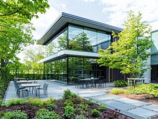 Poster - Outdoor office seating area with landscaped garden enhancing work environment in modern building