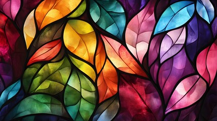 Wall Mural - vibrant colorful leaf stained glass design