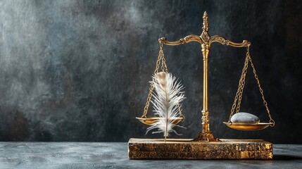 Poster - Perfectly Balanced Golden Scale with a Feather on One Side and a Stone on the Other Representing the Concept of Fairness Equity and Impartial Judgment