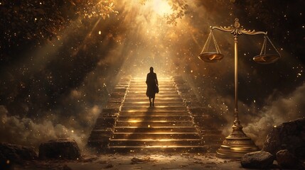 Poster - Visualizing the Journey to Justice A Glowing Staircase Ascending Towards a Towering Golden Scale a Symbolic Representation of the Scales of Truth and Fairness