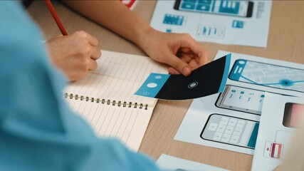 Poster - panorama video of startup ux developer or company employee design user interface or ui prototype for