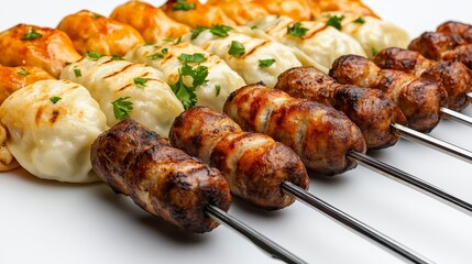 Sticker - Grilled skewers of meat and flavorful dumplings garnished with fresh herbs, arranged neatly on a white plate, showcasing a delicious culinary presentation.