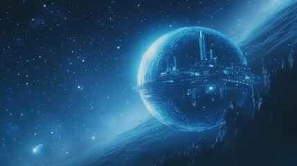Poster - Floating city illuminated in a cosmic realm with stars and planets in the background