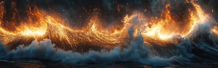 Poster - Ocean wave blending with a crackling fire at twilight highlights nature's contrast