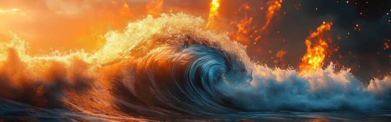 Poster - Layered ocean wave crashing against a fiery abstract backdrop at sunset
