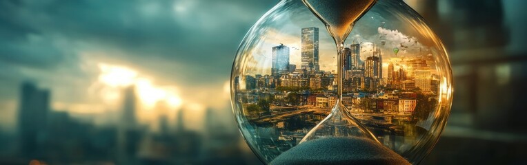 Aufkleber - Hourglass depicting a small city landscape with vibrant scenes of daily life and changing skies at twilight