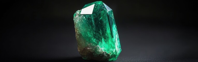 Poster - Glistening emerald gemstone with vibrant green hues captured in a dark setting