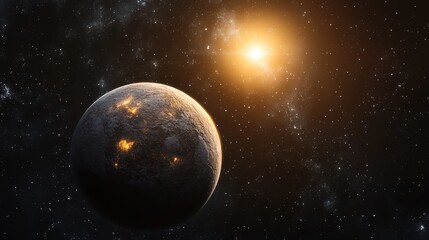 Poster - Artistic representation of an exoplanet illuminated by a distant star in a vibrant cosmic setting