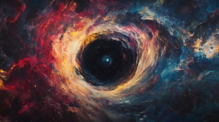 Poster - Captivating visualization of a black hole surrounded by vibrant cosmic clouds and swirling gases in deep space