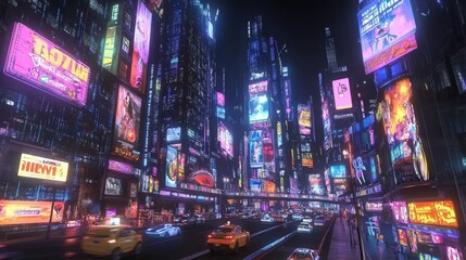 Aufkleber - Vibrant cityscape illuminated by neon lights showcasing bustling nightlife in an urban environment