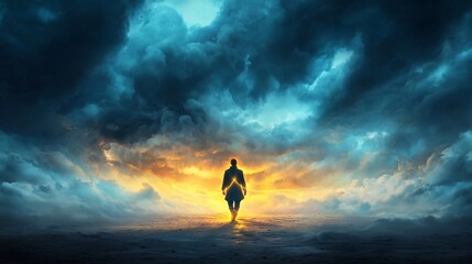 Poster - Glowing golden thread leading a blindfolded figure across a field of mist symbolizing trust in the unseen path of destiny and the power of inner guidance to navigate life s journey