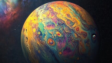 Poster - Vibrant overhead view of a colorful planet surrounded by cosmic elements and celestial bodies in deep space