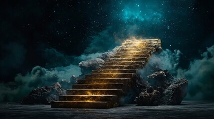 Poster - A staircase made of glowing golden light leading upward into a cosmic void symbolizing the journey toward an unknown fate  The image evokes a sense of mystery transcendence