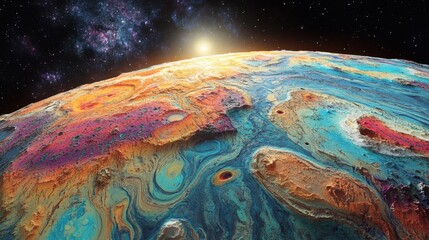 Poster - Stunning overhead view of a unique celestial landscape with vibrant colors and textures illuminated by distant starlight