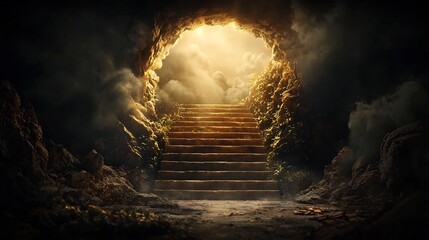 Poster - Glowing golden staircase made of luminous light leading upward into a vast cosmic void symbolizing the metaphorical journey toward an unknown yet inspiring fate or destiny