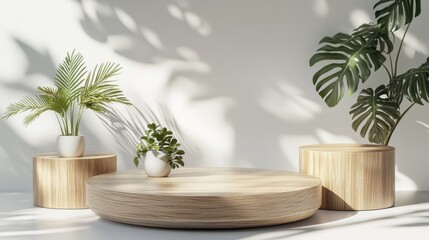 Minimalist product display wooden circular pedestals