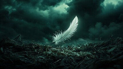 Poster - A single glowing white feather floating effortlessly through a dark stormy landscape symbolizing the enduring power of hope and the inevitability of destiny  The ethereal feather suspended in mid air
