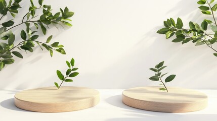Minimalist product display wooden circular pedestals