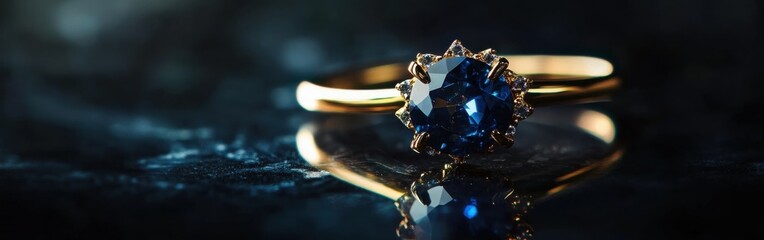 Poster - Sapphire ring with gold setting sparkles elegantly on dark surface in soft lighting