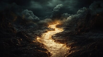 Poster - Winding river glowing with golden light cutting through a vast dark landscape symbolizing the unchanging flow of fate and the tranquil beauty of the natural world