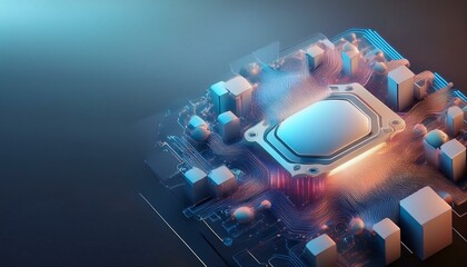 Consumer future and technology concepts: Quantum computing concept, glowing circuits and particles.