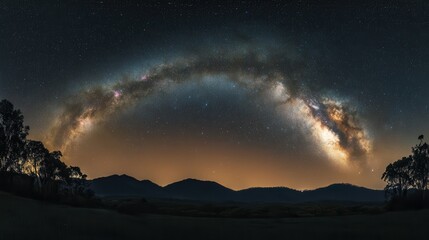 Poster - Vast Milky Way galaxy stretches across a clear night sky over tranquil mountains and trees
