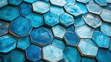 Poster - Intricate arrangement of interconnected hexagons in shades of blue and turquoise showcasing modern design elements