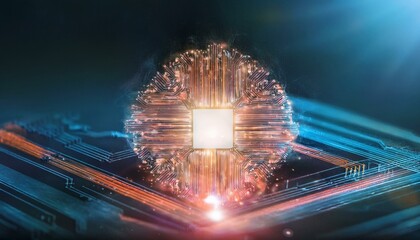 Consumer future and technology concepts: Quantum computing concept, glowing circuits and particles.