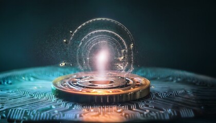 Consumer future and technology concepts: Quantum computing concept, glowing circuits and particles.
