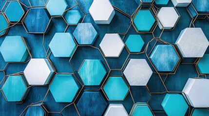 Poster - Interconnected hexagons in various shades of blue and white create a modern decorative design