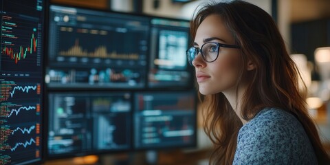 Poster - A thoughtful young woman analyzes data on multiple screens, surrounded by financial charts and graphs in a modern workspace.
