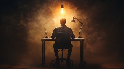 Poster - Glowing lightbulb floating above a silhouetted figure sitting at a desk surrounded by darkness symbolizing a moment of and creative breakthrough